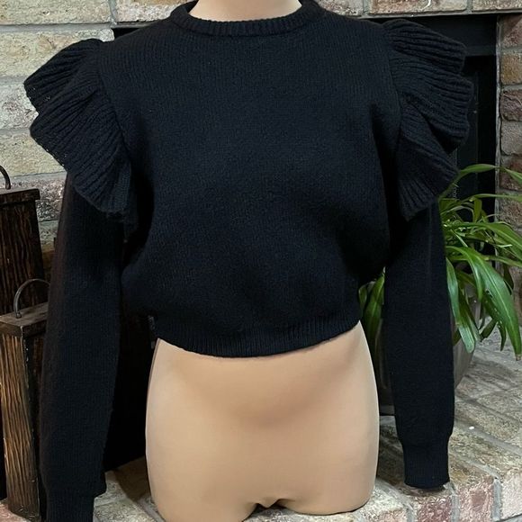 Milk & Honey Sweaters - Milk & Honey Black Knit Large Ruffle Sleeve Crop Sweater